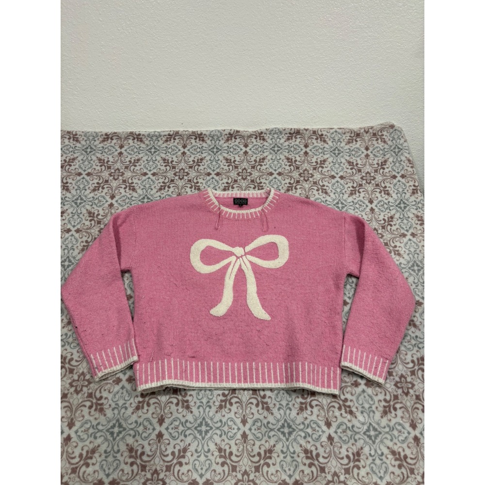 Major Label Group Pink Bow Knit Sweater Crewneck Contrast Trim Large